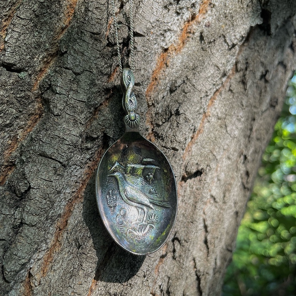 Vintage Pendant Roadrunner Bird Desert Cactus Recreated Spoon Keychain